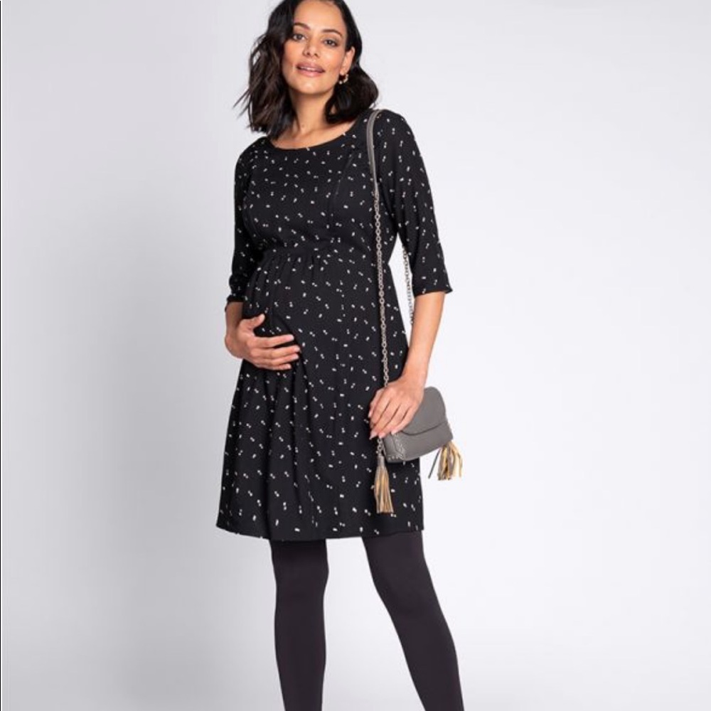 Seraphine black maternity dress w/ pink and white polka dots and nursing zippers